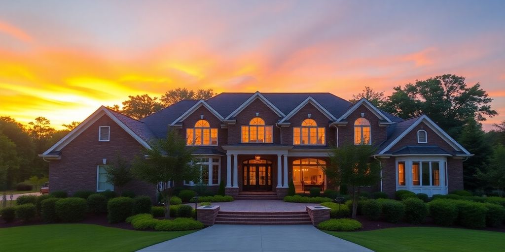 Elegant Georgia custom home exterior, sunset.