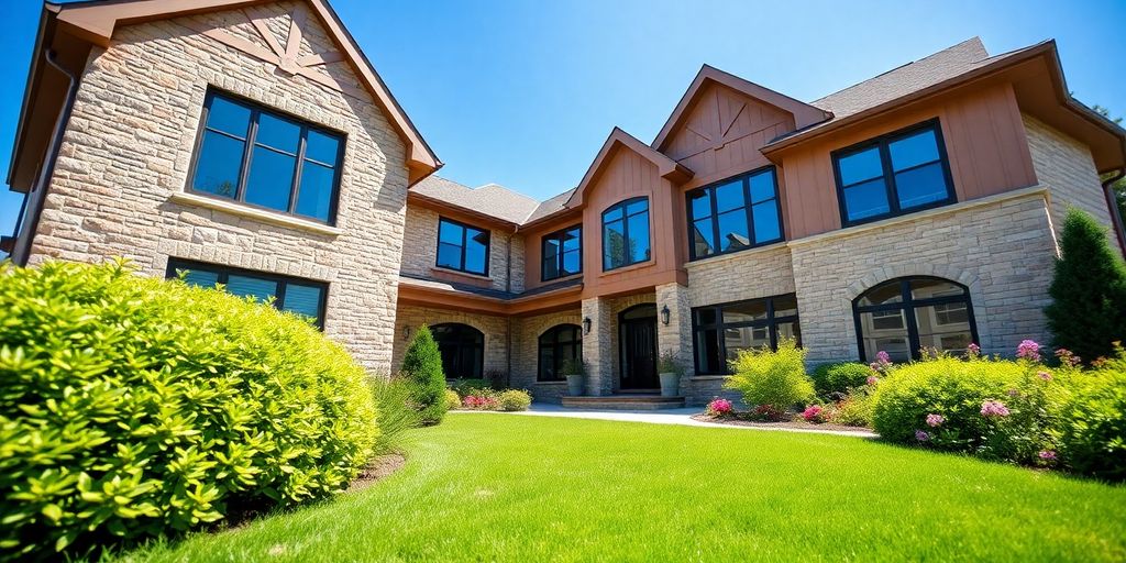 Stunning custom home exterior with lush landscaping.