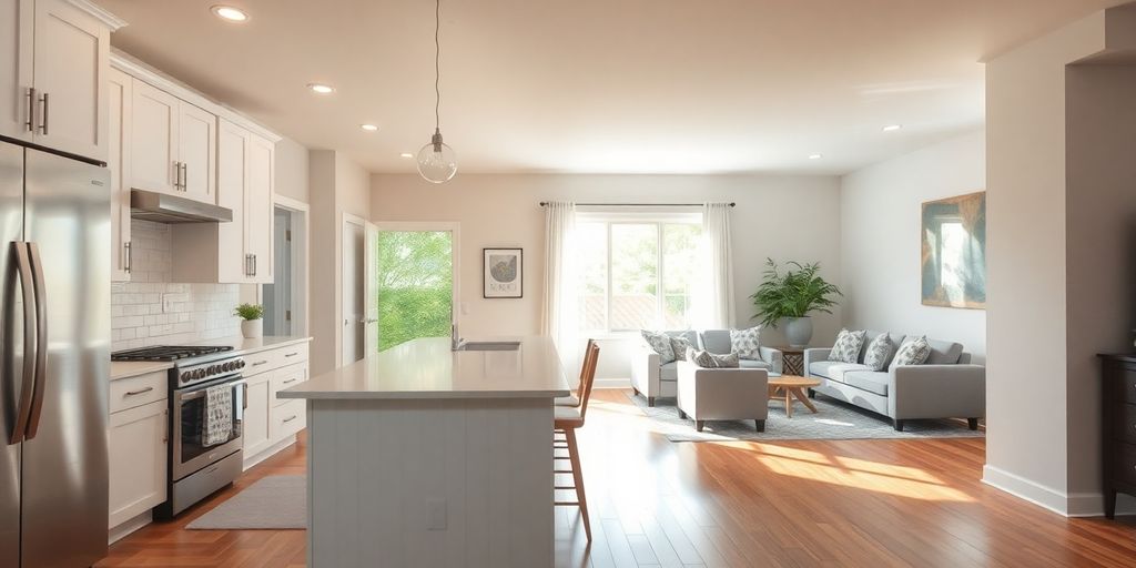 Modern kitchen and living room remodeling.