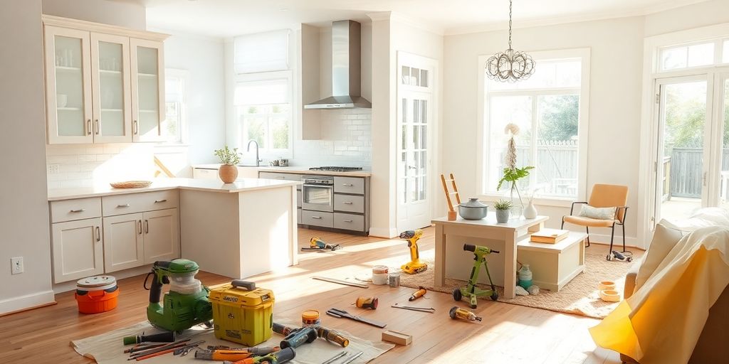 Home interior renovation with tools and materials.