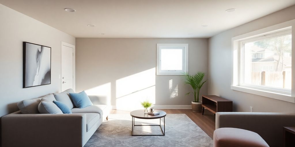 Modern basement living area with comfortable furniture.