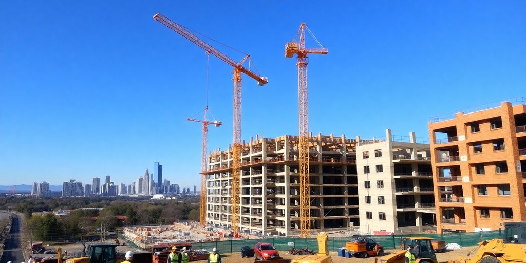 Construction workers on a site with Alpharetta skyline.