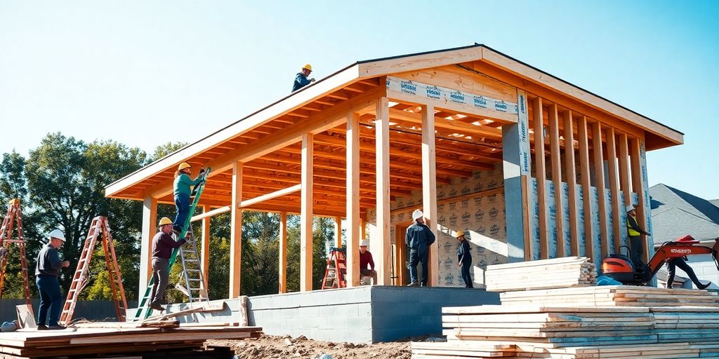 Construction crew building a modern home.