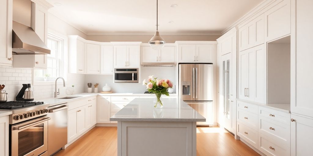 Modern kitchen with island, bright and inviting.