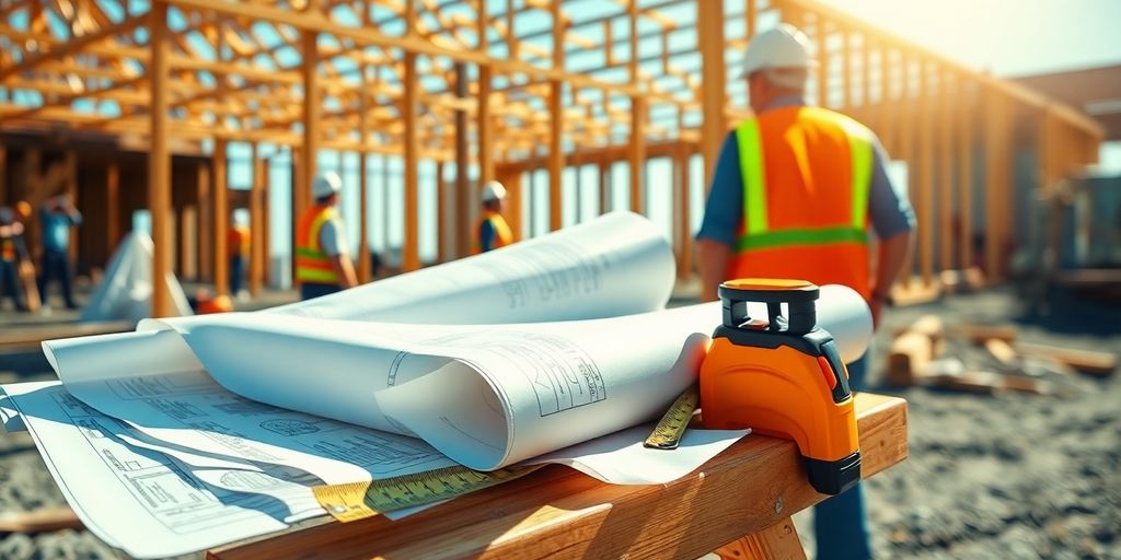 Construction site with blueprints and hard hats.