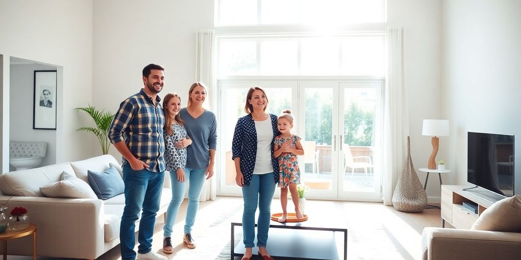 Family admiring newly remodeled living room.