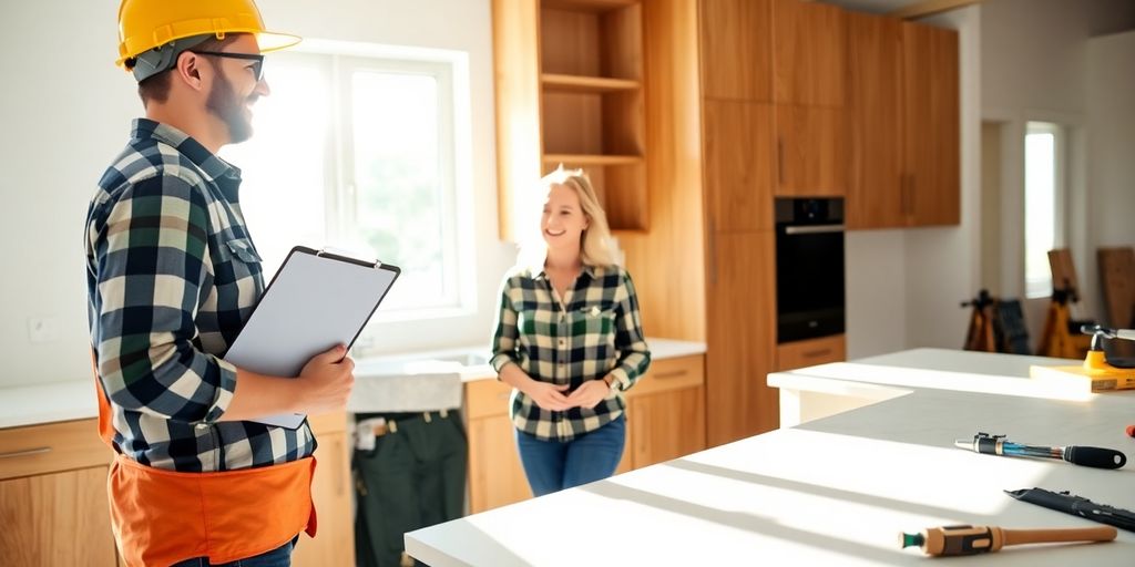 Contractor discusses home renovation with homeowners.