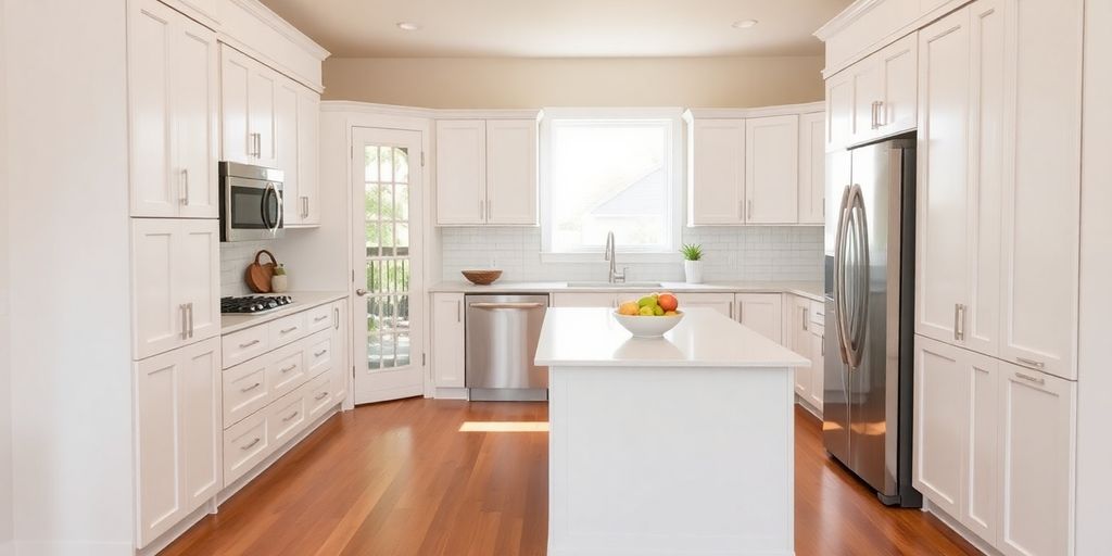Modern kitchen remodel, Alpharetta home, warm lighting