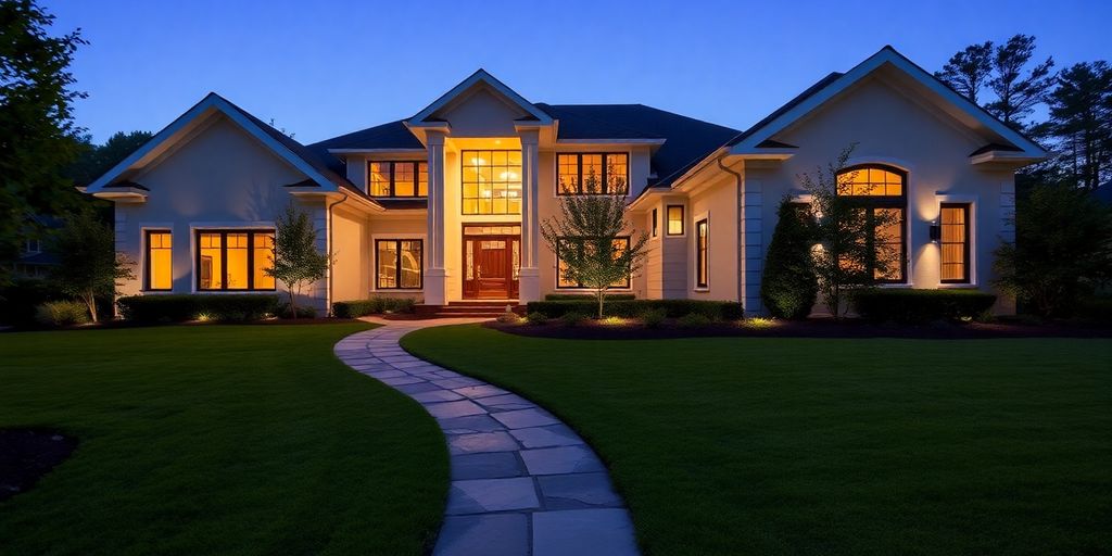 Modern home exterior with large windows.