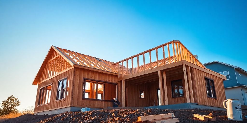 Modern home construction site at sunset