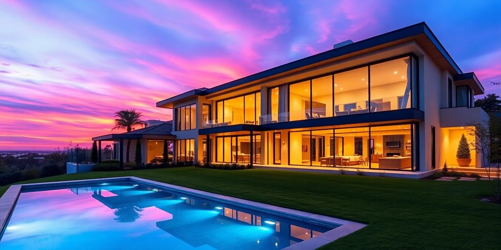 Luxury modern home exterior with large windows and landscaping.