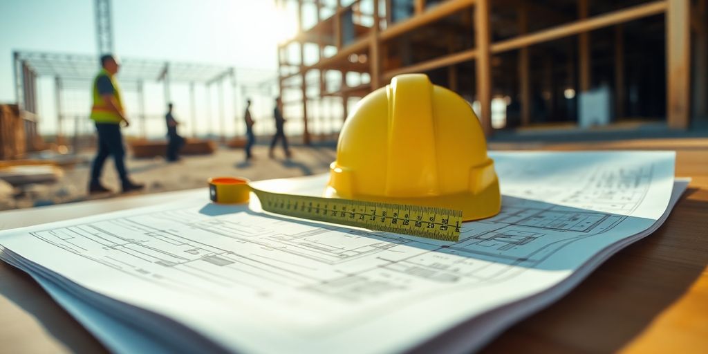 Construction site with blueprints and hard hats.