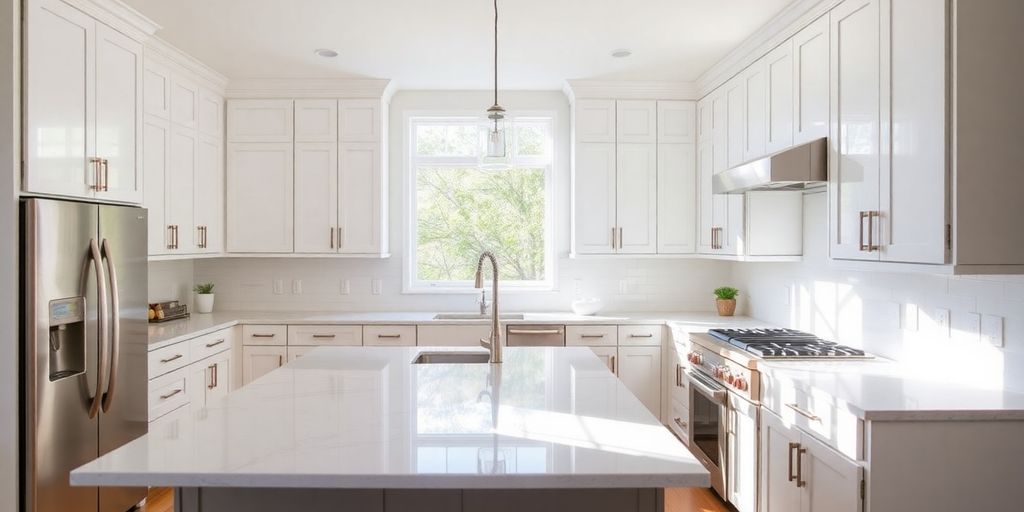 Modern Alpharetta kitchen, bright, white cabinets, island.