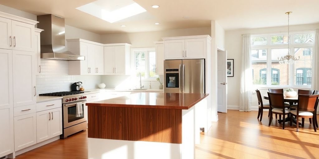 Transformed kitchen with new cabinets and island.