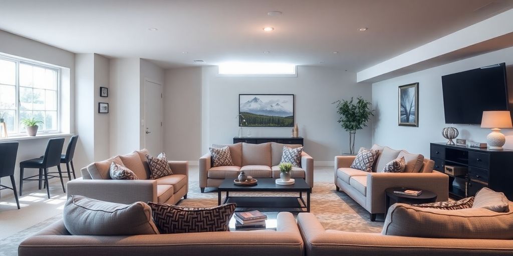 Bright, finished basement with cozy seating.