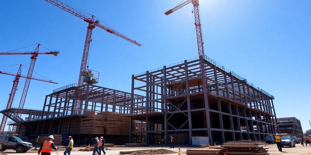 Construction site with scaffolding and building frames