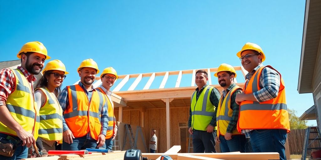 Construction workers building a house.