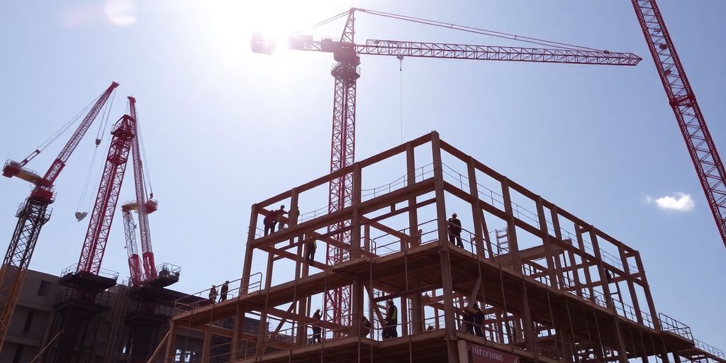 Construction site with cranes and workers.