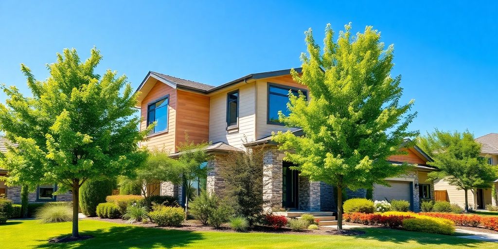 Modern home exterior with lush landscaping.