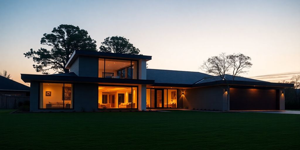 Modern custom home, warm interior lights.