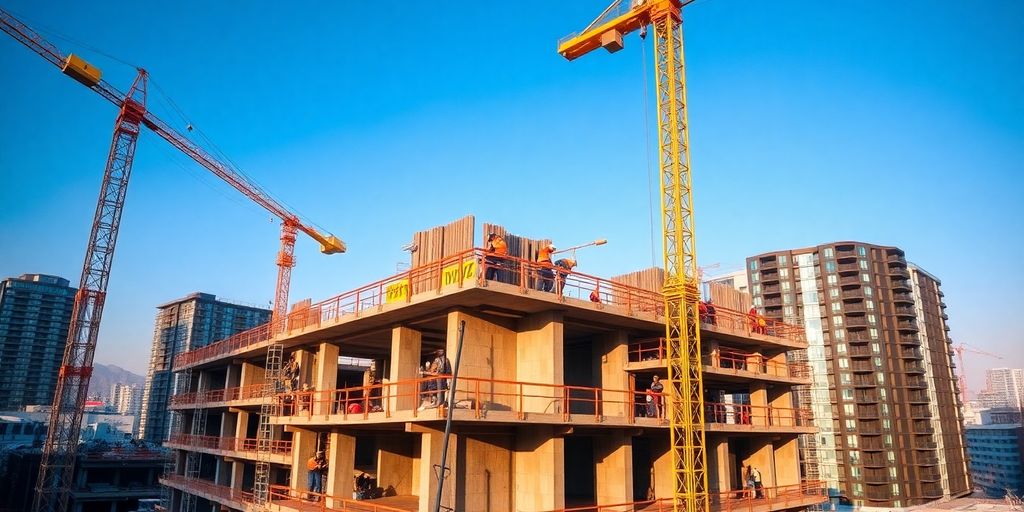 Construction site with cranes, workers, and new buildings.