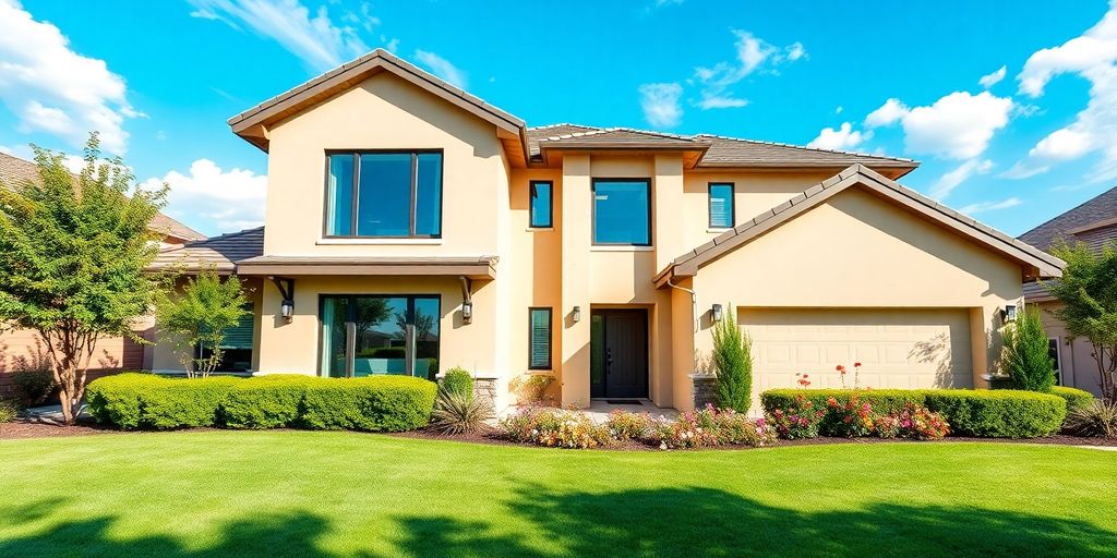 Modern home exterior with beautiful landscaping.