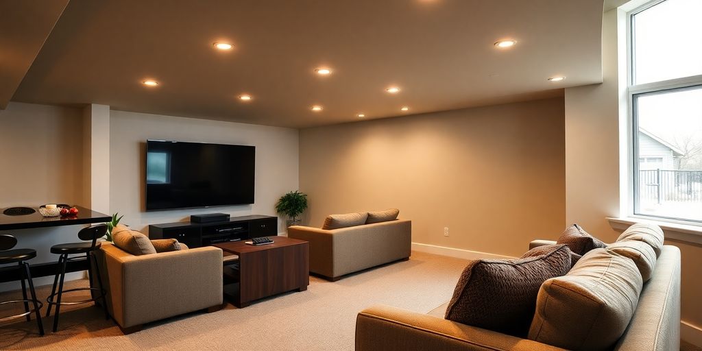 Modern Roswell basement remodel, comfy furniture.