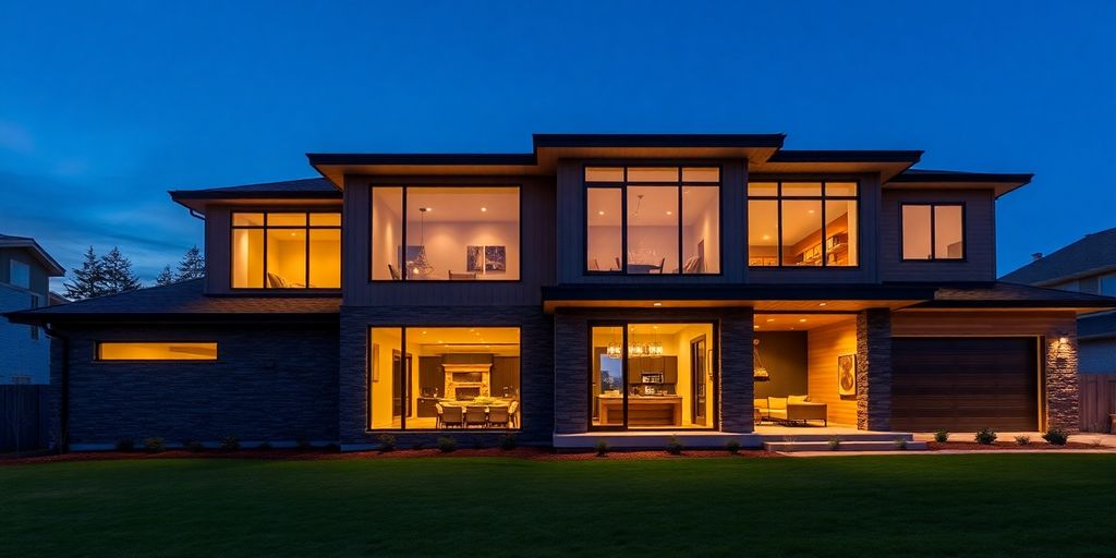 Modern custom home, warm interior lights at dusk.