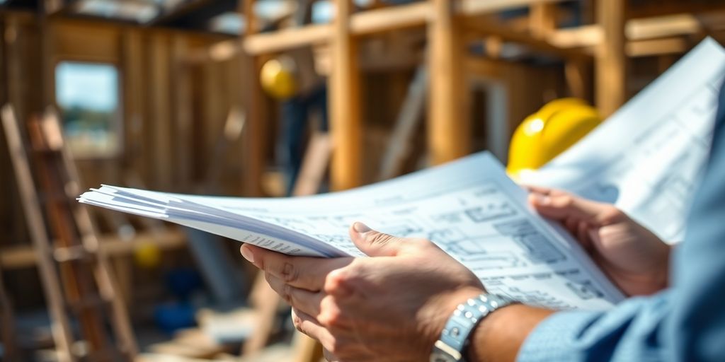 Contractor reviewing blueprints at a construction site.