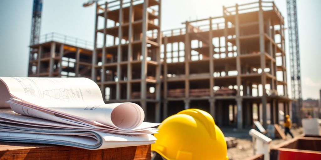 Construction site with blueprints and hard hats