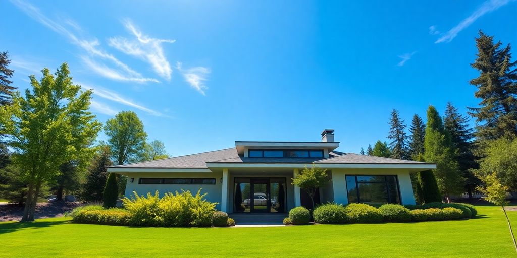 Modern house exterior, green lawn, clear blue sky.