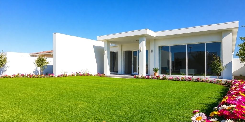 Modern home exterior, sunlight, green lawn, blooming flowers