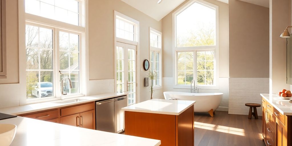 Modern kitchen and bathroom, sunlit, cozy home interior.