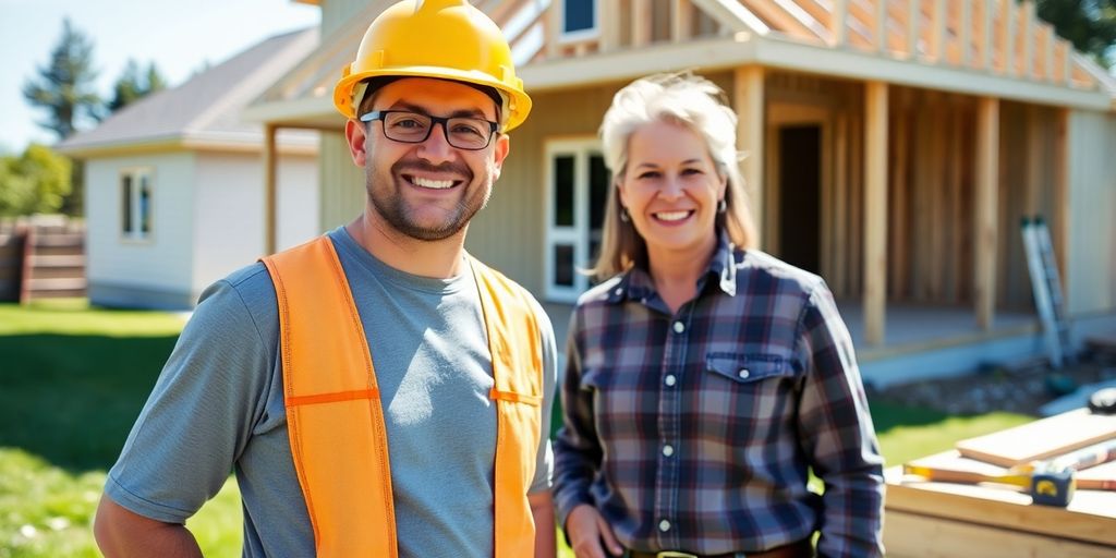 Contractor talking to homeowner at construction site.