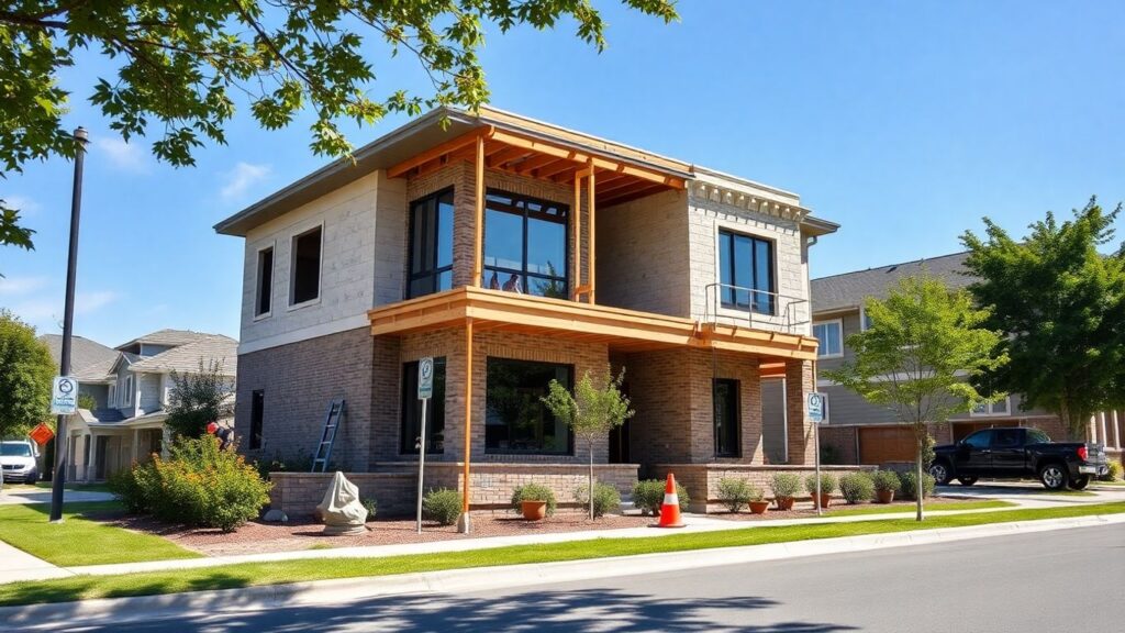 Vinings construction site with modern home and workers.