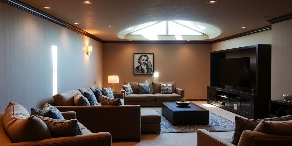 Finished basement with modern furniture and lighting.