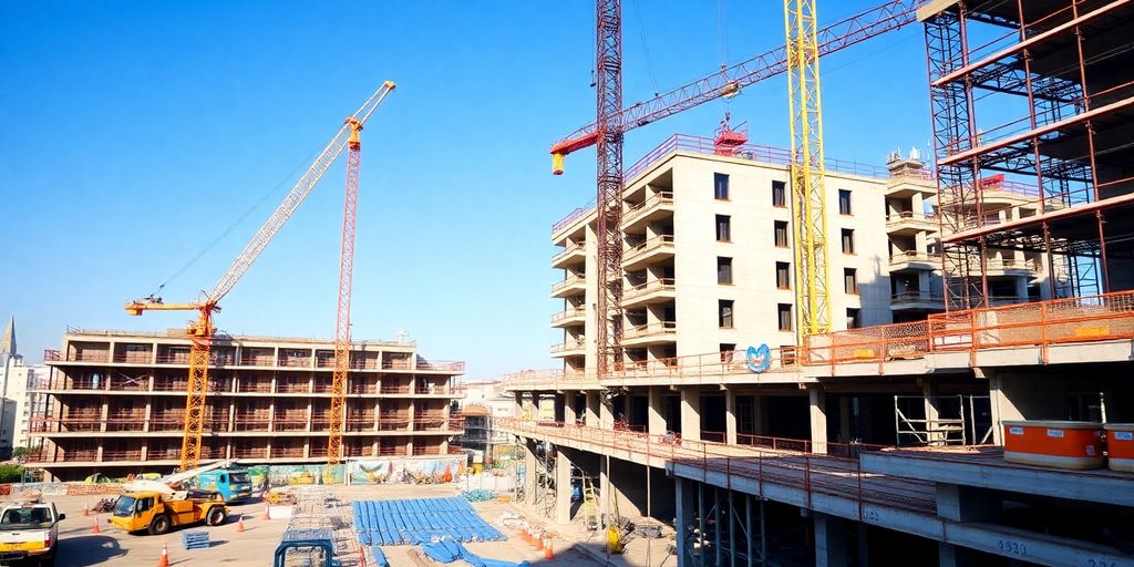 Professional construction site with workers and equipment.