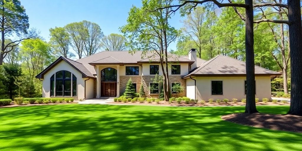 Modern house with lush green lawn.