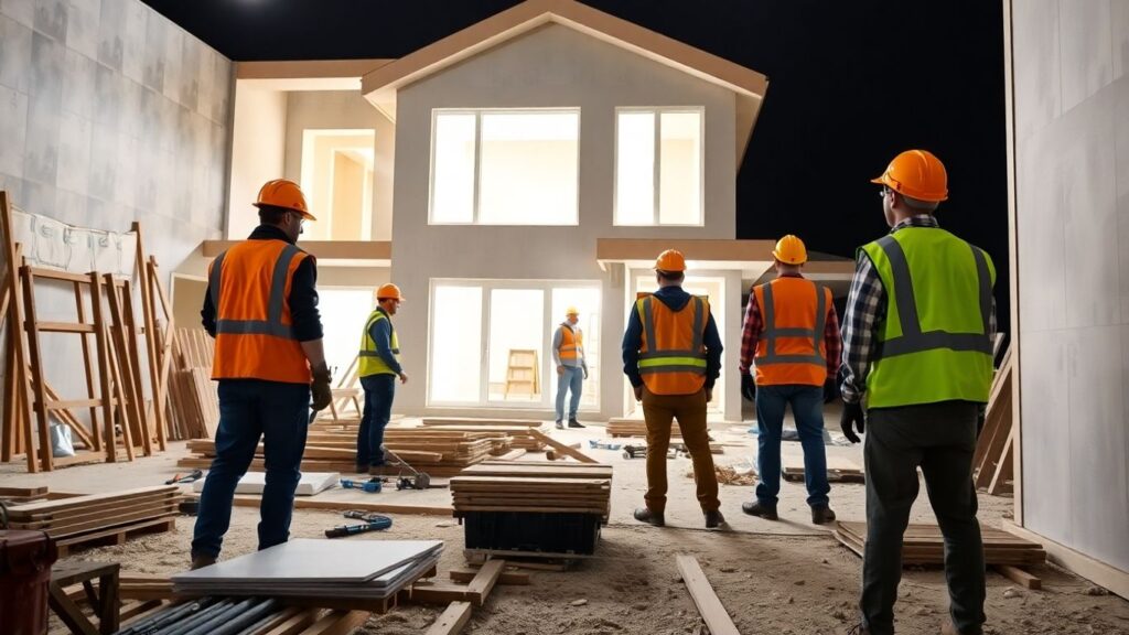 Construction workers building a modern home in Vinings.