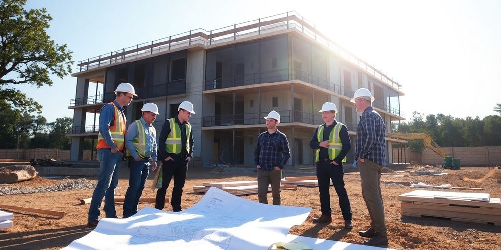 Construction site with professionals inspecting blueprints.