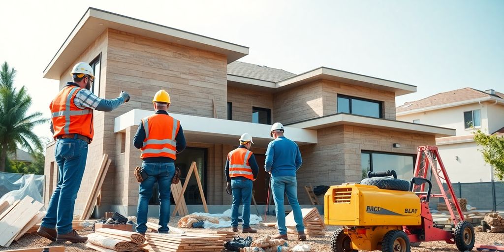 House construction with skilled workers and building materials.