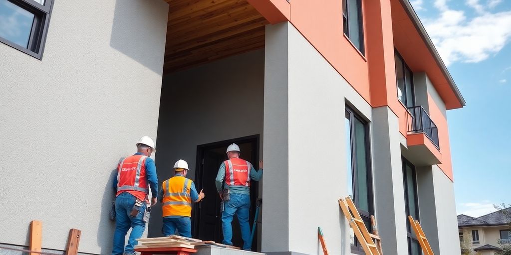 Construction crew working on a modern house exterior.