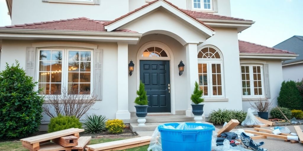 Home exterior with remodeling construction.