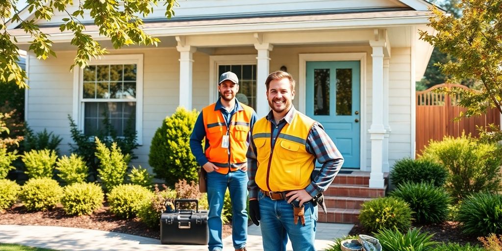 Home with professionals working on exterior.