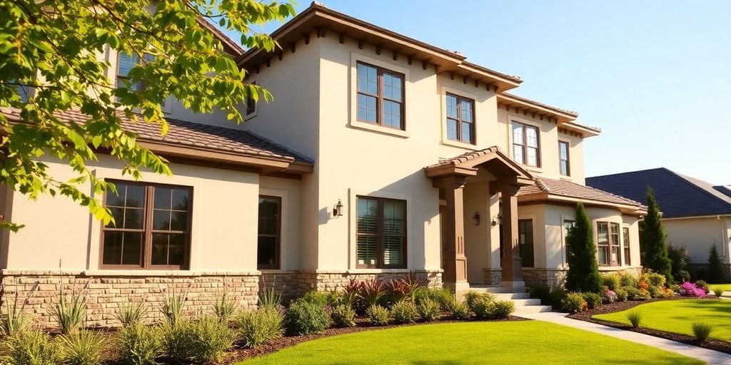 Modern custom home exterior with landscaping.