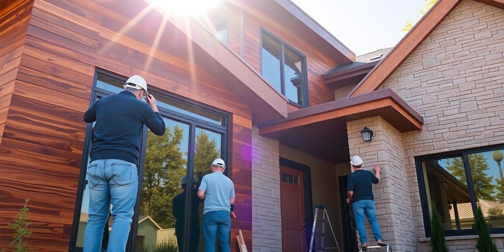 Construction crew working on a modern home exterior.