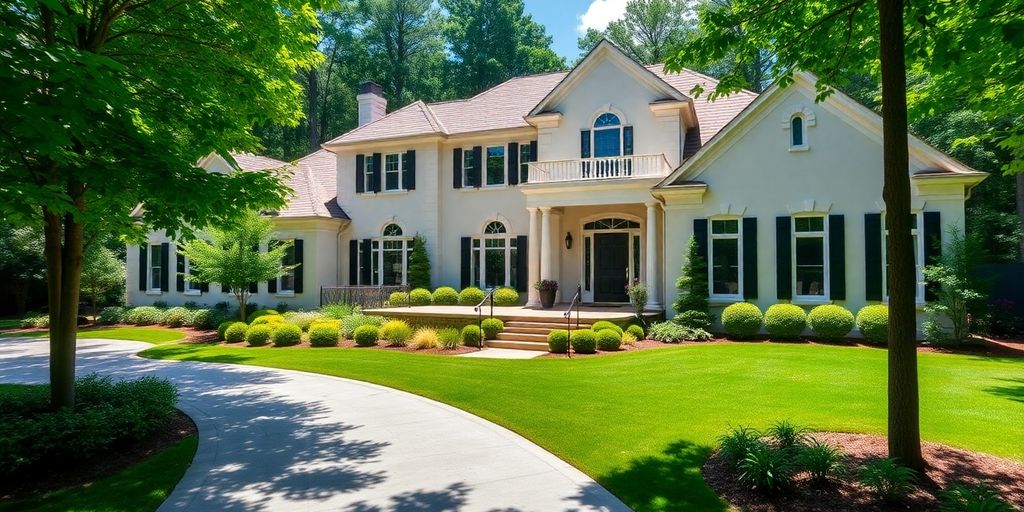Beautiful custom Druid Hills home exterior with lush landscaping.