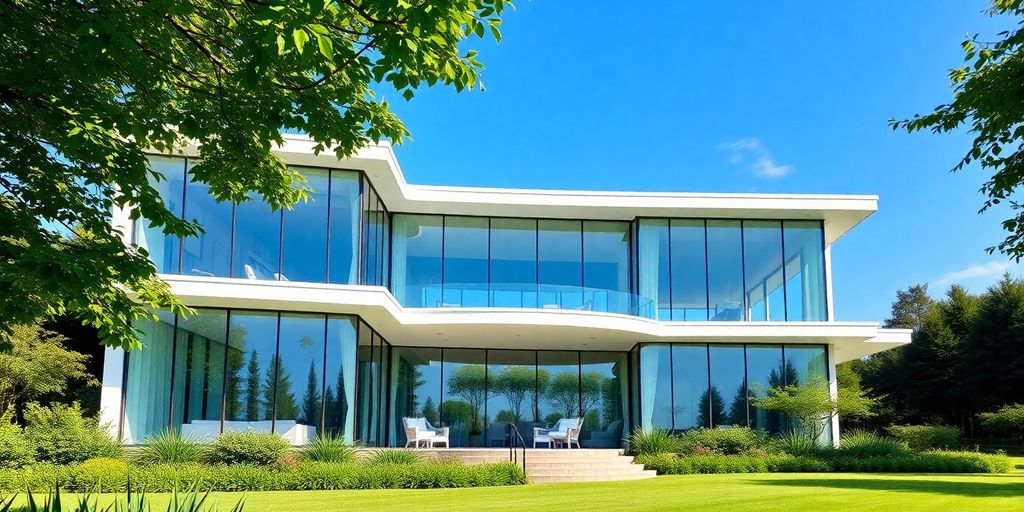 Luxurious modern house with large windows and manicured lawn.