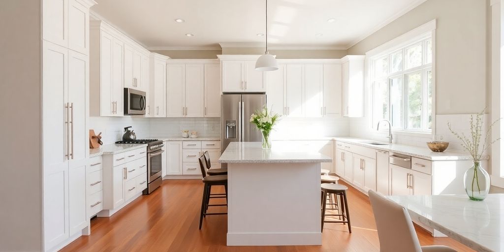 Modern kitchen remodel with island and new cabinetry.