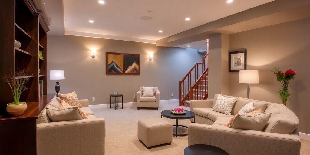 Elegant finished basement with modern furniture.